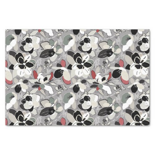 Gray Black Floral Winter Magnolia Tissue Paper