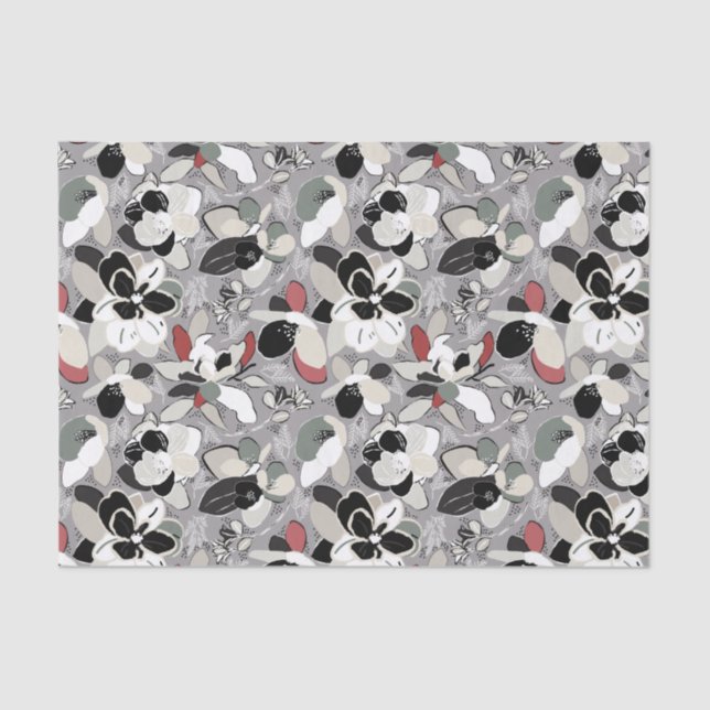Gray Black Floral Winter Magnolia Tissue Paper (Front)
