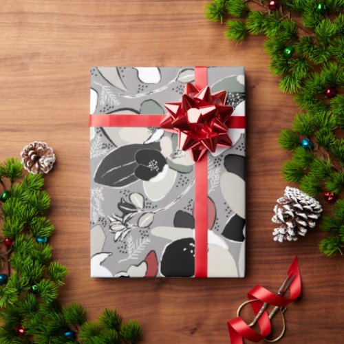 Gray Black Floral Winter Magnolia Wrapping Paper