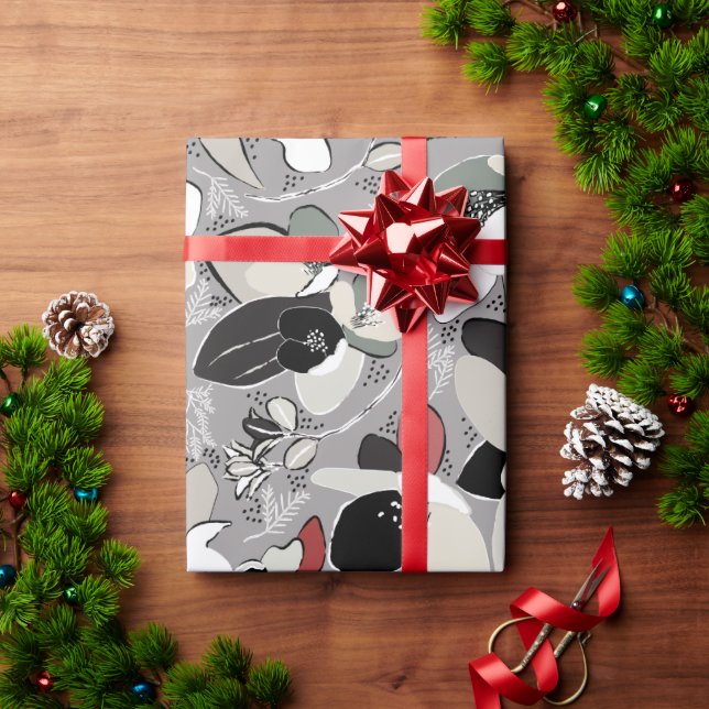 Gray Black Floral Winter Magnolia Wrapping Paper (Holiday Gift)