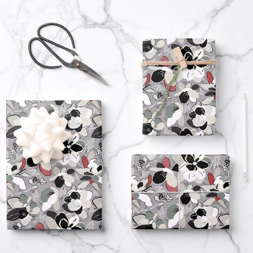 Gray Black Floral Winter Magnolia Wrapping Paper Sheets