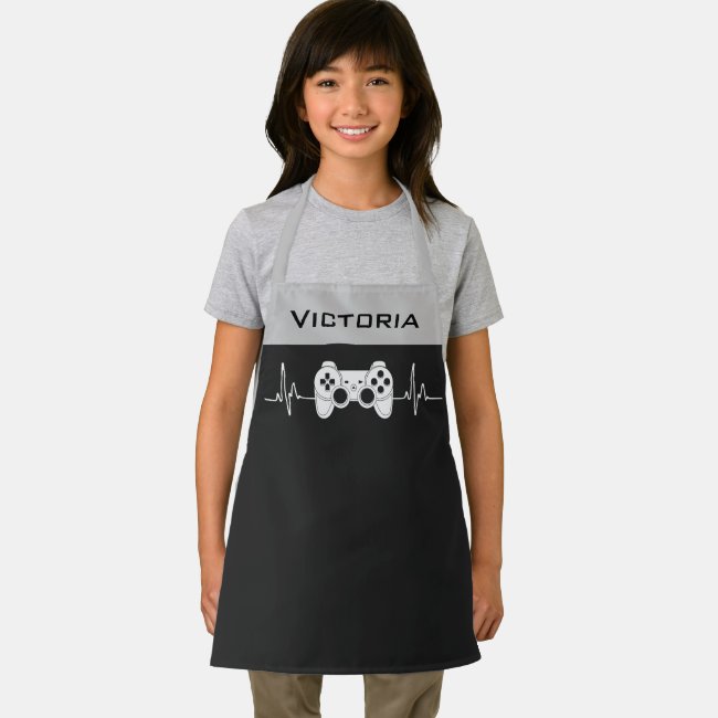 Gray & Black Gaming Console Joypad Gamer Kids Name Apron