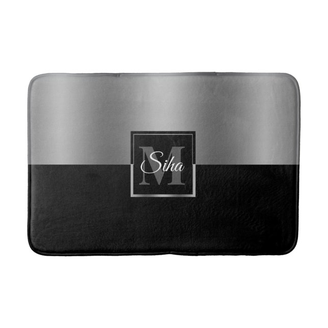 Gray & Black Geometric Design Monogram Bath Mat (Front)