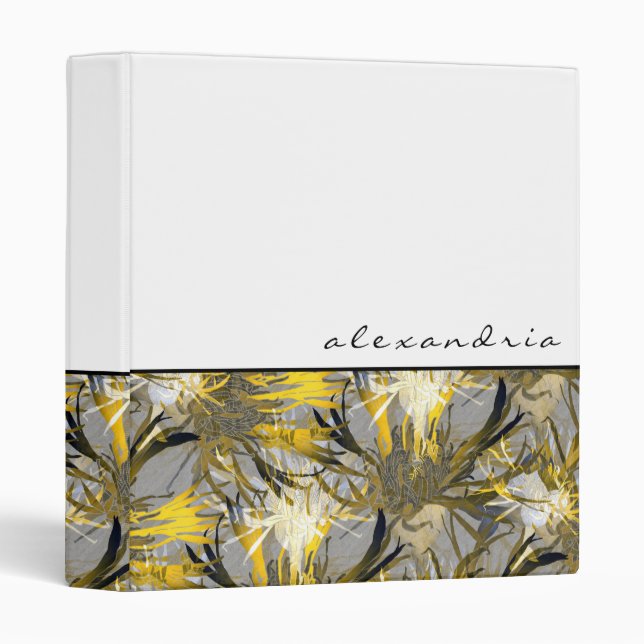 Gray Black & Gold Artistic Floral | Personalized 3 Ring Binder (Front/Spine)