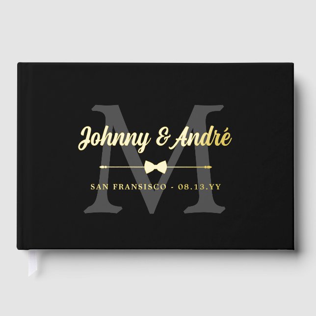 Gray Black Gold Bowtie Monogram Gay Wedding Foil Guest Book (Front)
