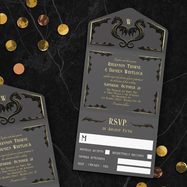 Gray Black Gold Dragon Monogram Fantasy Wedding All In One Invitation (Creator Uploaded)