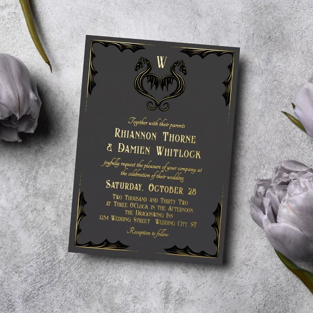 Gray Black Gold Dragon Monogram Fantasy Wedding Foil Invitation (Creator Uploaded)