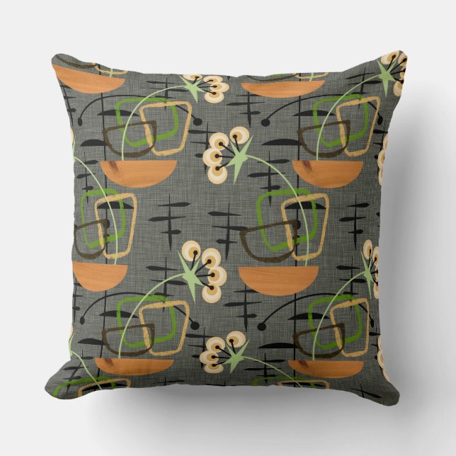 Gray, Black & Gold Houseplants | Mid-Century Retro Throw Pillow (Front)