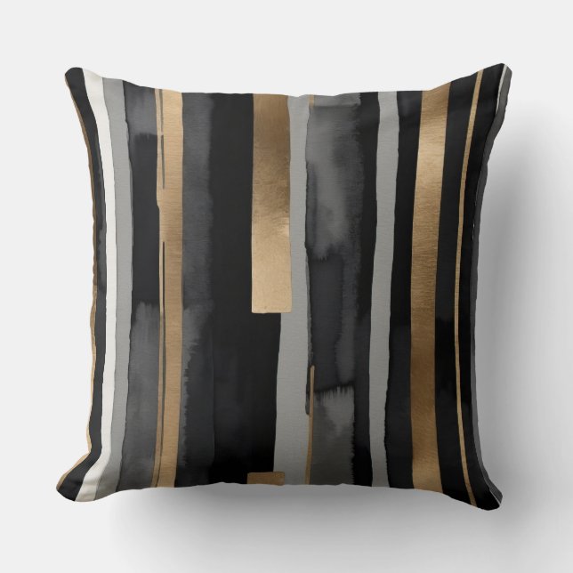Gray black gold stripes throw pillow (Front)