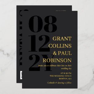 Gray Black Gold Typography 2 in 1 QR Code Wedding Foil Invitation