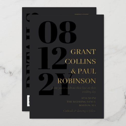 Gray Black Gold Typography 2 in 1 QR Code Wedding Foil Invitation