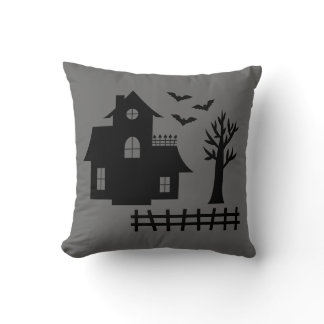 Gray Black Haunted House Creepy Halloween House Throw Pillow