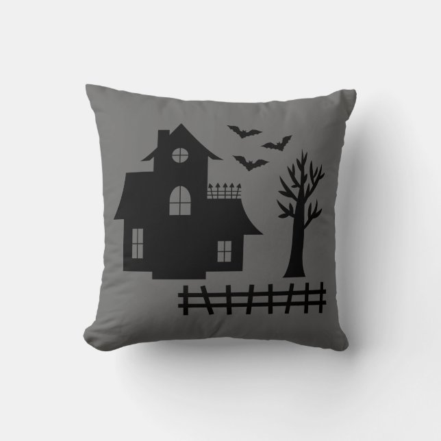 Gray Black Haunted House Creepy Halloween House Throw Pillow (Front)
