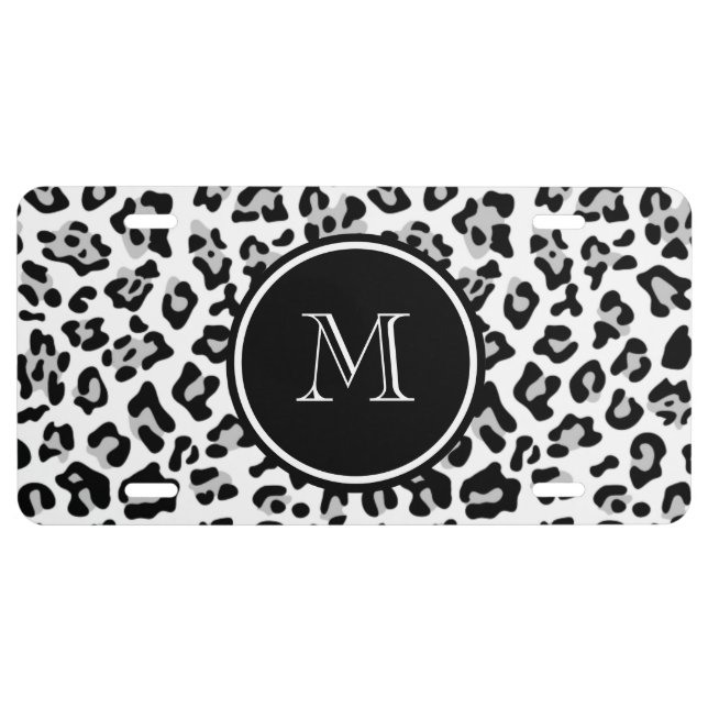 Gray Black Leopard Animal Print with Monogram License Plate (Front)
