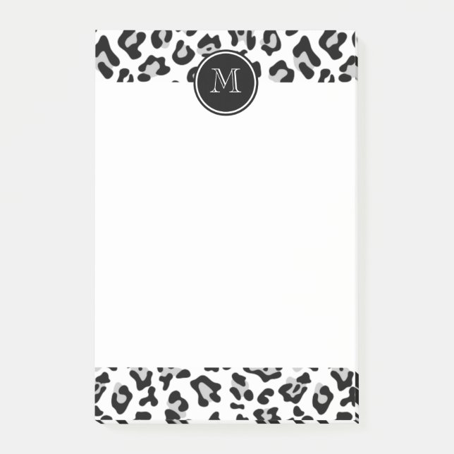 Gray Black Leopard Animal Print with Monogram Post-it Notes (Front)