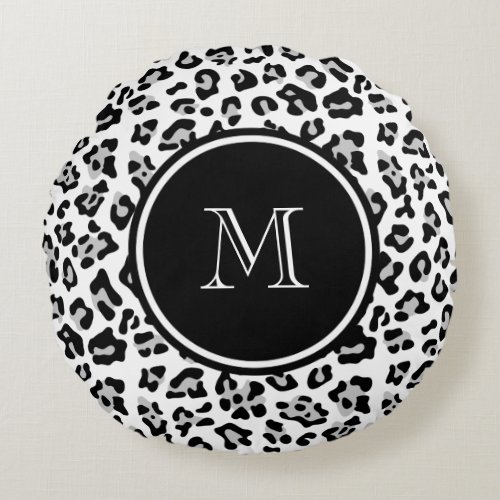 Gray Black Leopard Animal Print with Monogram Round Pillow