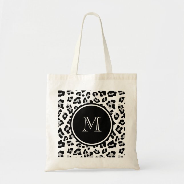 Gray Black Leopard Animal Print with Monogram Tote Bag (Front)