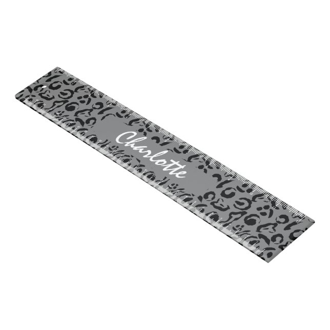 Gray Black Leopard Print Glam Girly Personalized Ruler (Angled)