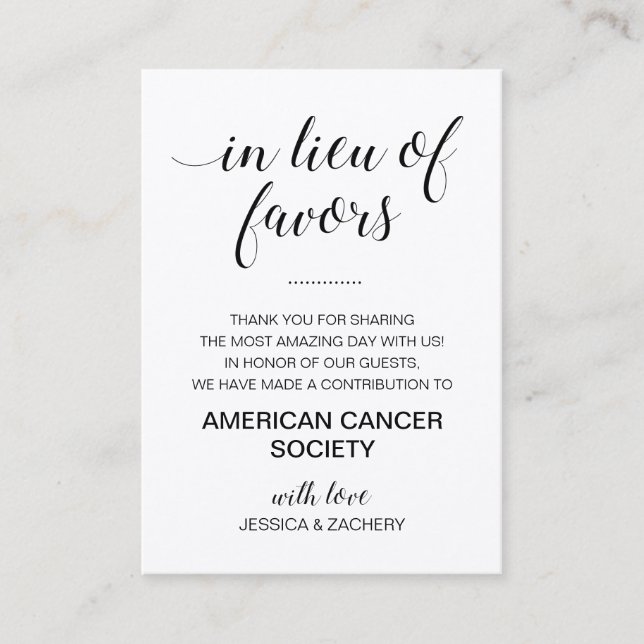 Gray Black Lieu Of Favors Charity Donation Wedding Place Card (Front)