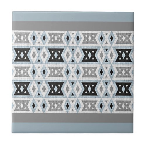 Gray Black Light Blue White Ethnic Tribe Art Ceramic Tile