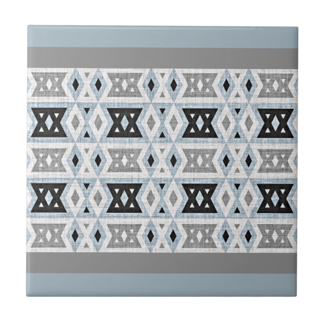 Gray Black Light Blue White Ethnic Tribe Art Ceramic Tile (Front)