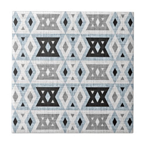 Gray Black Light Blue White Ethnic Tribe Art Ceramic Tile