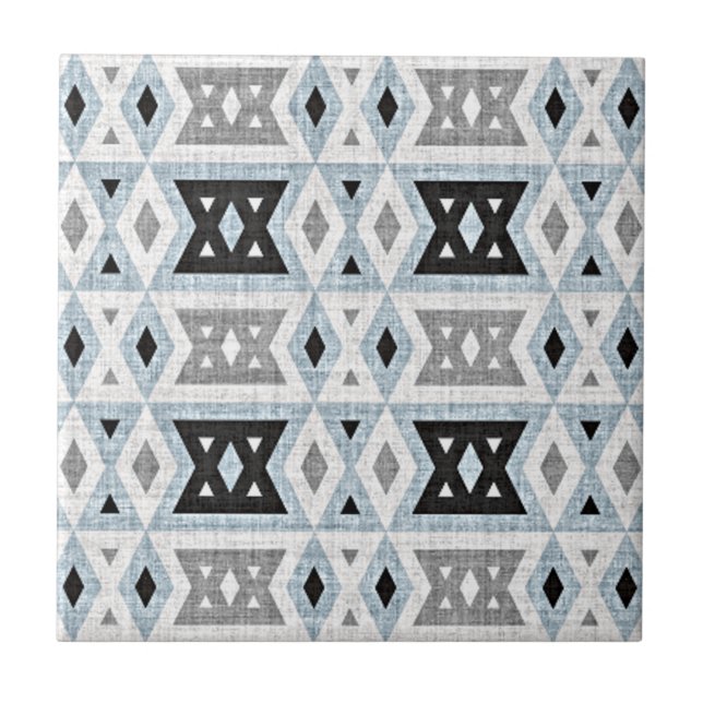 Gray Black Light Blue White Ethnic Tribe Art Ceramic Tile (Front)