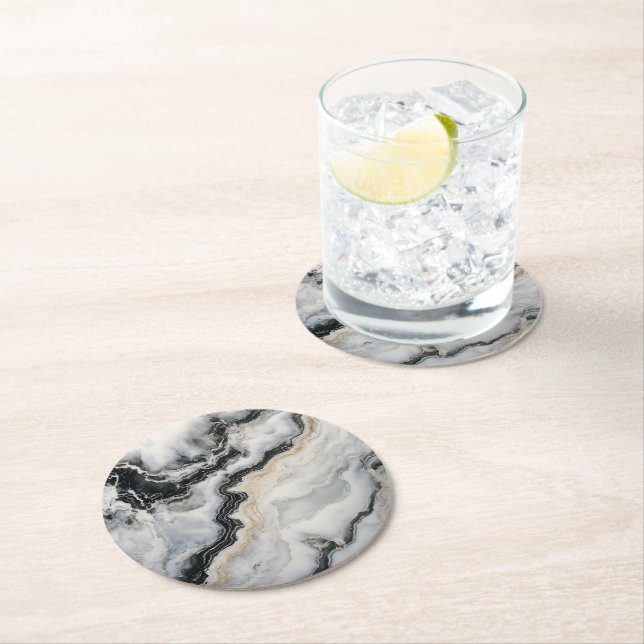 Gray Black Marble Pattern Round Paper Coaster (Insitu)