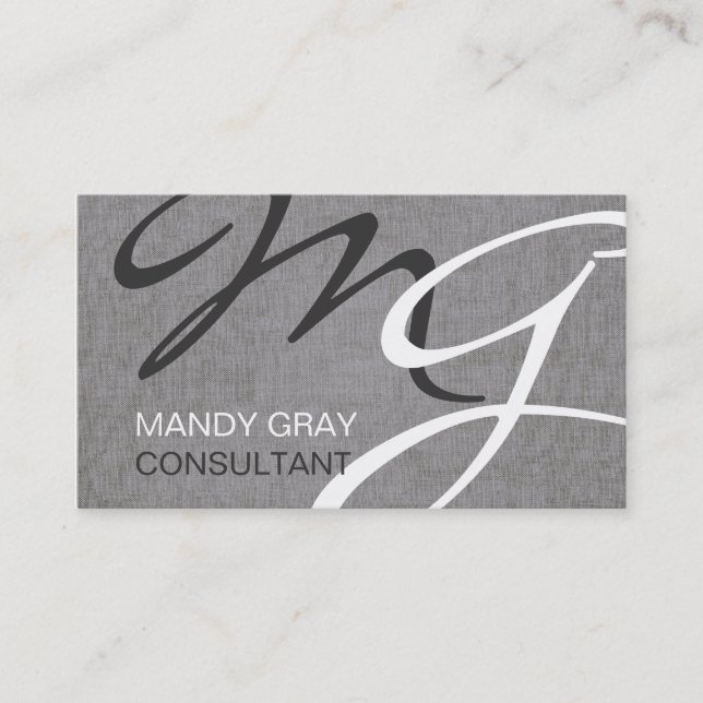 Gray Black Modern Monogram Linen Business Card (Front)