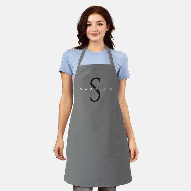 Gray Black Monogram Modern Minimalist Your Name Apron (Worn)