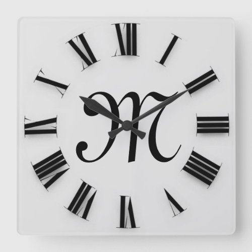 Gray Black  Monograms  Roman Numbers Square Wall Clock