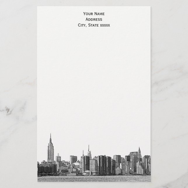 Gray Black NYC Skyline Etch 01 Stationery (Front)