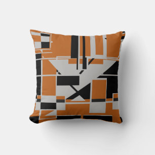 Gray Black on Orange Geometric Abstract Labyrinth Throw Pillow