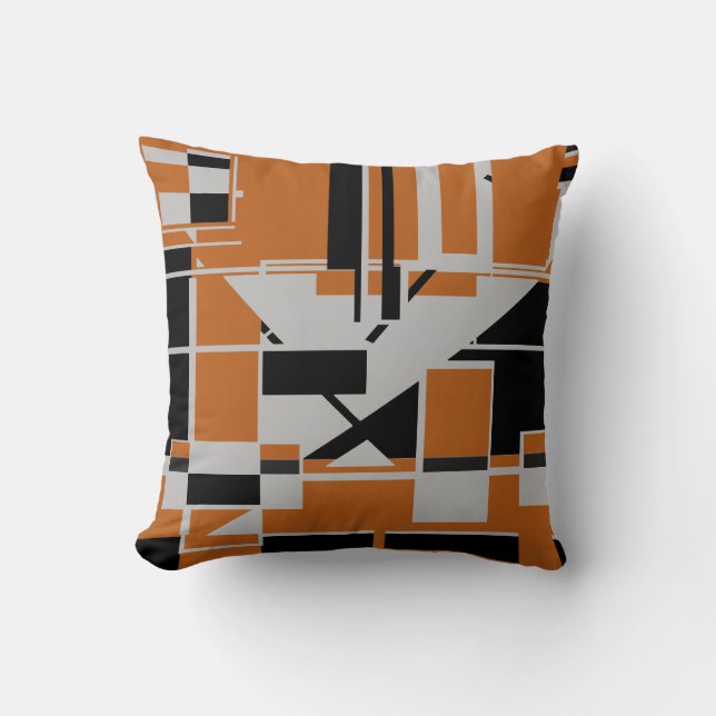 Gray Black on Orange Geometric Abstract Labyrinth Throw Pillow (Front)