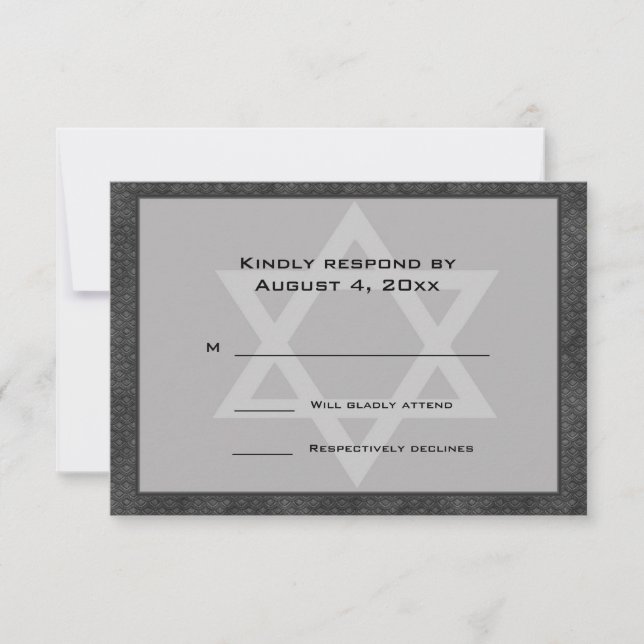 Gray, Black Pattern Border, Star, Bar Mitzvah RSVP Card (Front)