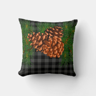 Gray black plaid pinecone detail throw pillow