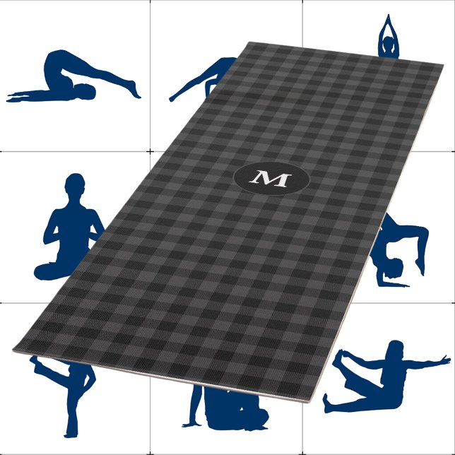 Gray Black Plaid Tartan Monogram Initial Yoga Mat (Creator Uploaded)