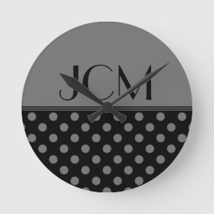 Gray/Black Polka Dot Monogram Round Clock