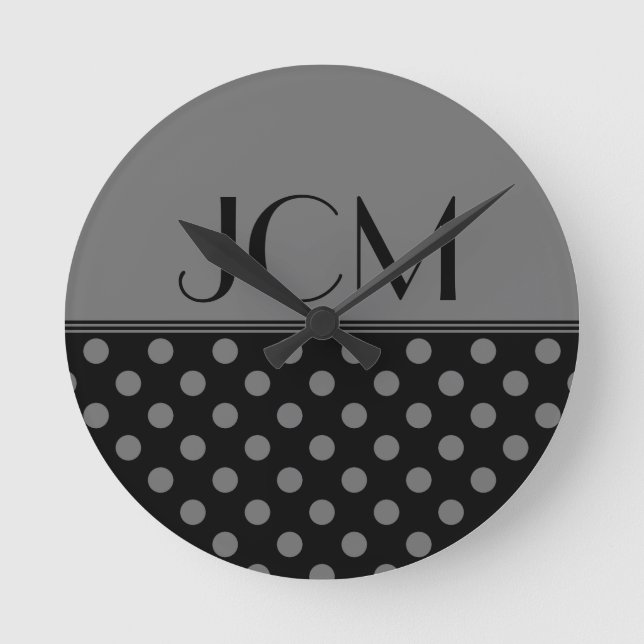 Gray/Black Polka Dot Monogram Round Clock (Front)