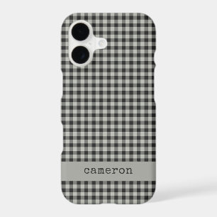 Gray Black Preppy Gingham Plaid Personalized Name iPhone 17 Case