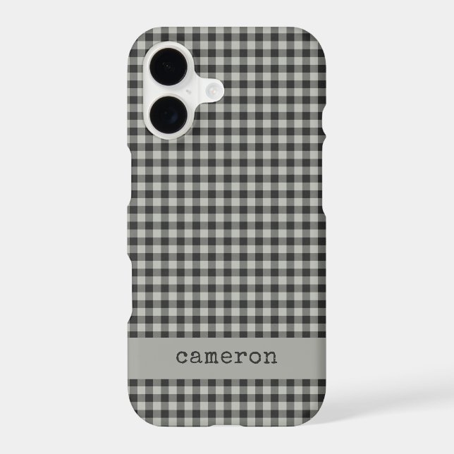 Gray Black Preppy Gingham Plaid Personalized Name iPhone Case (Back)