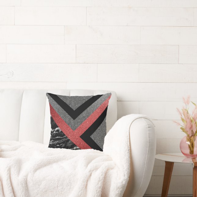 Gray, Black, Red and Marble Abstract Design Throw  Throw Pillow (Couch)