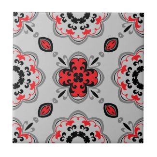 Gray Black Red Elegant Classic Ornate Damask Ceramic Tile
