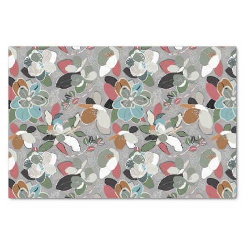 Gray Black Red Floral Winter Magnolia Tissue Paper