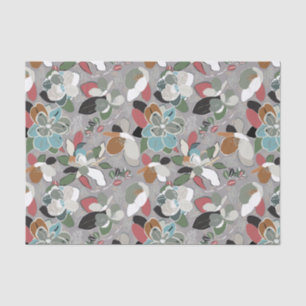 Gray Black Red Floral Winter Magnolia Tissue Paper