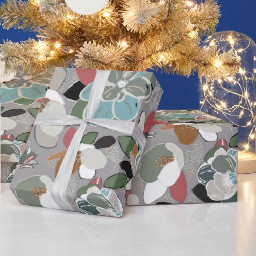 Gray Black Red Floral Winter Magnolia Wrapping Paper