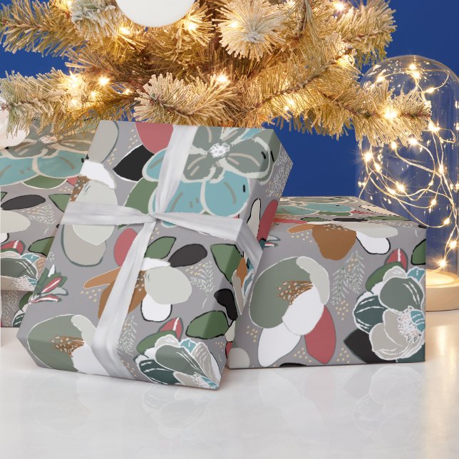 Gray Black Red Floral Winter Magnolia Wrapping Paper (Holidays)