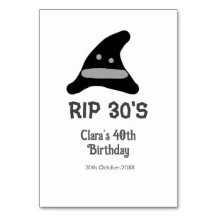 Gray black RIP 30's 40th birthday witch hat hallow Table Number