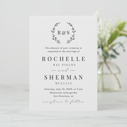 Gray Black Rustic Simple Leaf Monogram Wedding  Invitation