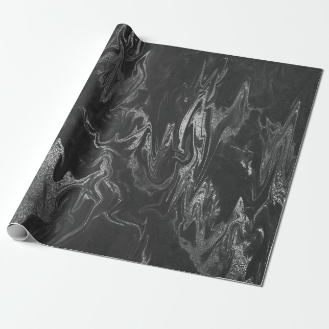 Gray Black Silver Marble Shiny Glam Wrapping Paper (Unrolled)